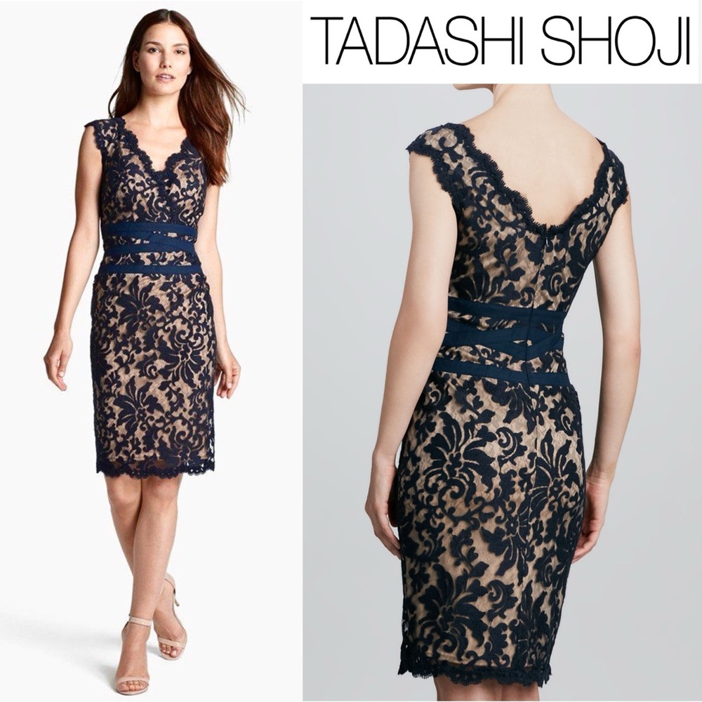 Tadashi Shoji Lace & Tulle Sheath Dress 6 Navy Nude Cocktail Party Wedding Guest - Picture 2 of 16
